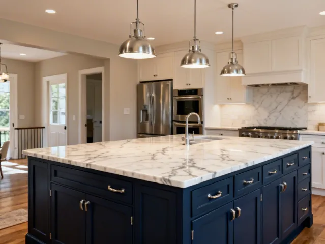 Large kitchen island with Cambria quartz countertop in marble-look finish