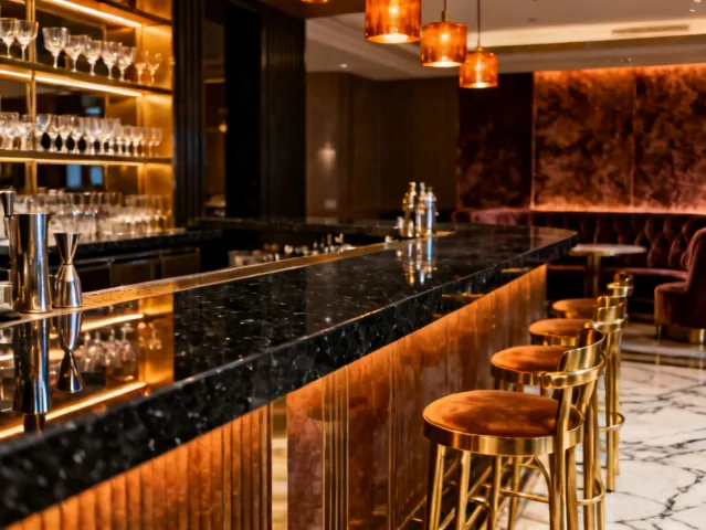 Hotel bar counter with dark Cambria quartz surface