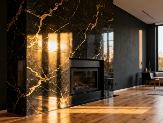 Dramatic fireplace surround clad in Cambria quartz with gold veining