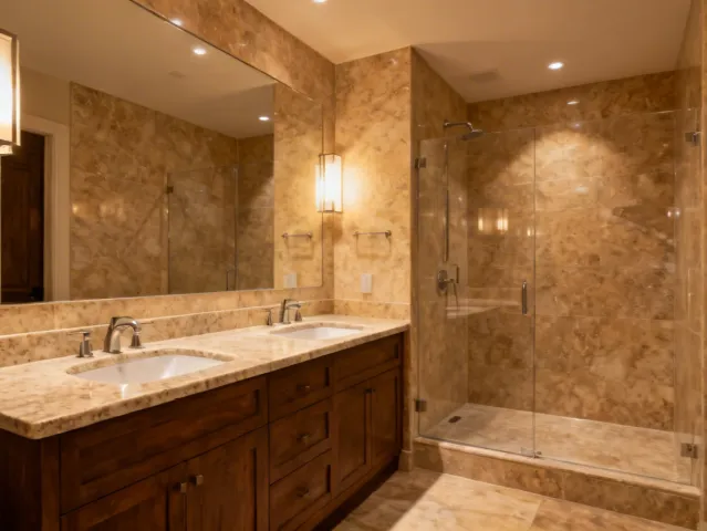 Luxury bathroom with Cambria quartz vanity top and shower wall cladding